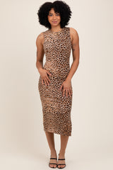 Taupe Leopard Knit Side Slit Maternity Midi Dress