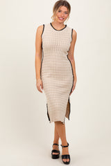 Oatmeal Pointelle Contrast Trim Sweater Midi Dress