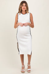 White Pointelle Contrast Trim Sweater Maternity Midi Dress