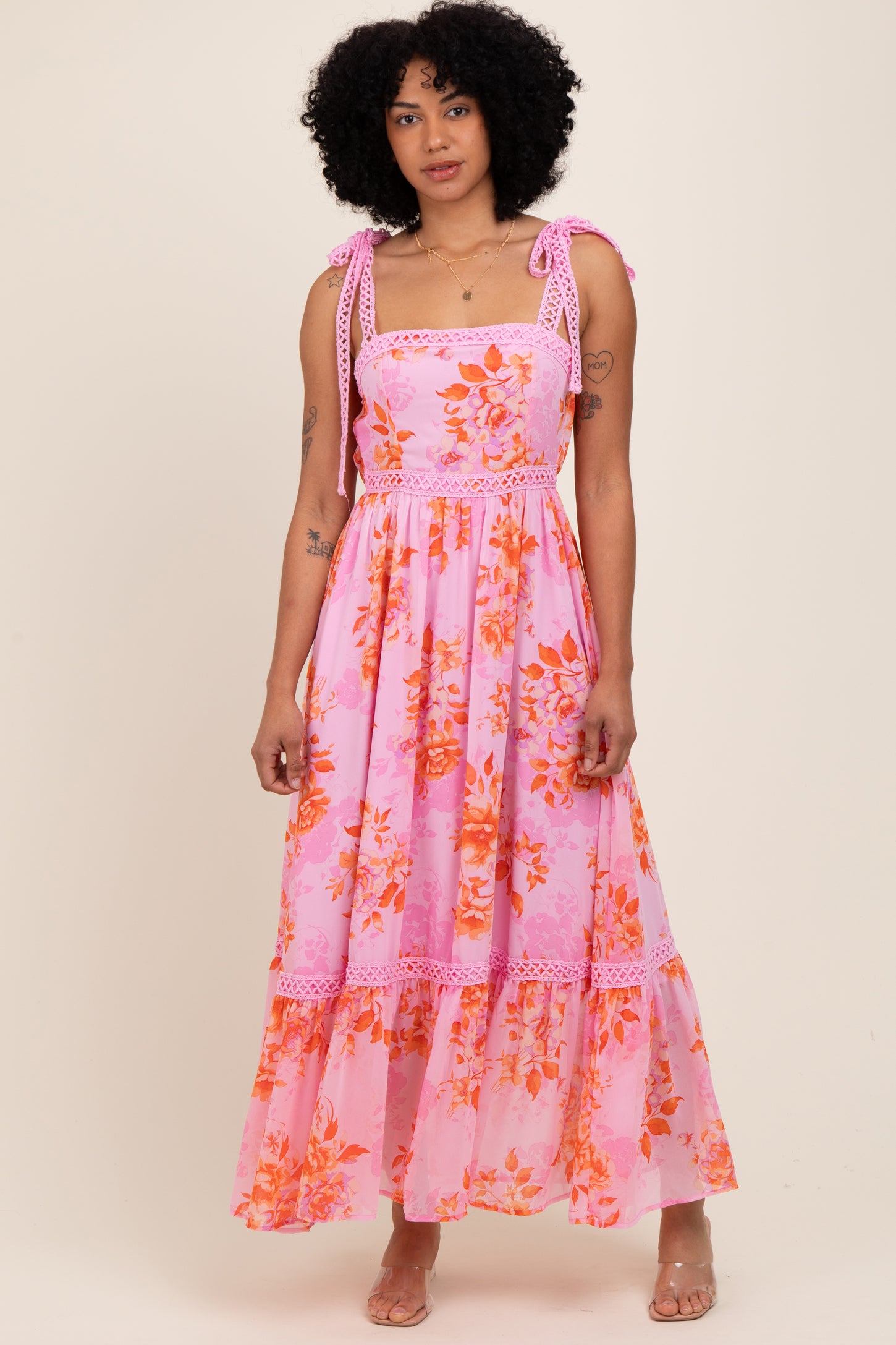 Pink Floral Shoulder Tie Tiered Maxi Dress