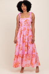 Pink Floral Shoulder Tie Tiered Maternity Maxi Dress