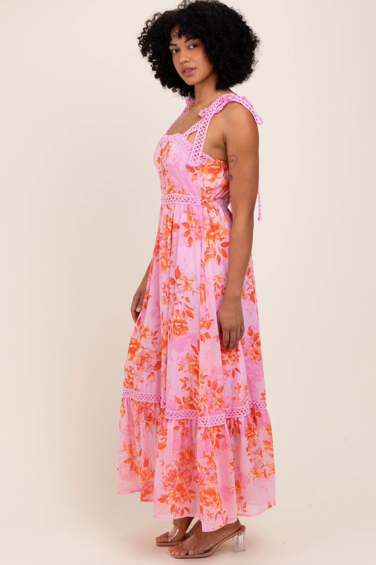 Pink Floral Shoulder Tie Tiered Maxi Dress