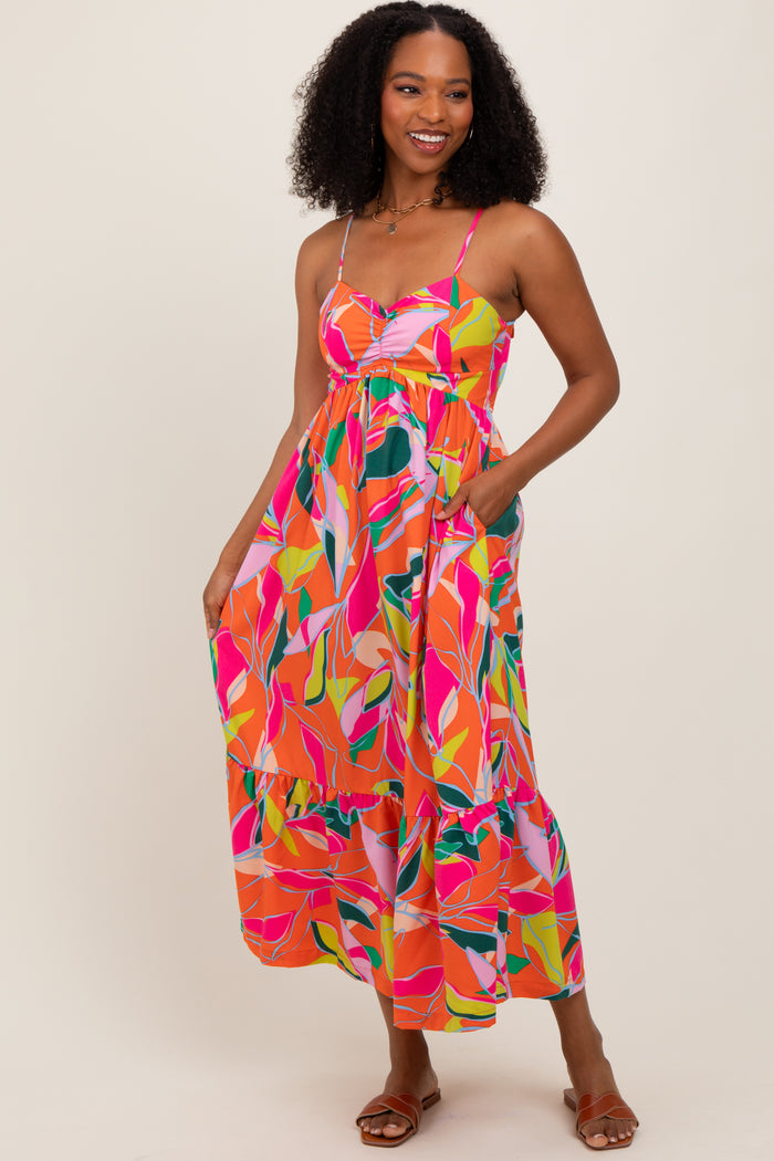 Orange Leaf Print Tie Back Maternity Maxi Dress