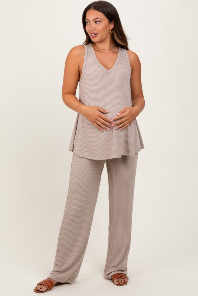 Taupe Rib Knit Tank and Pant Maternity Set