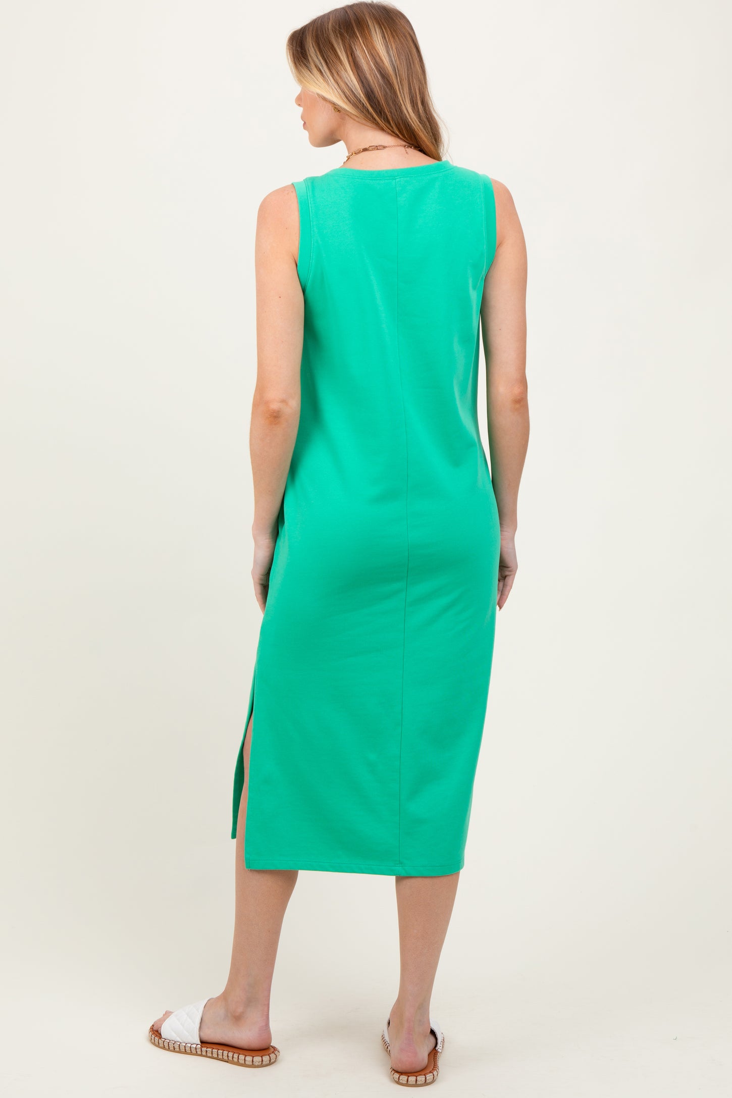 Green V-Neck Sleeveless Side Slit Maternity Midi Dress