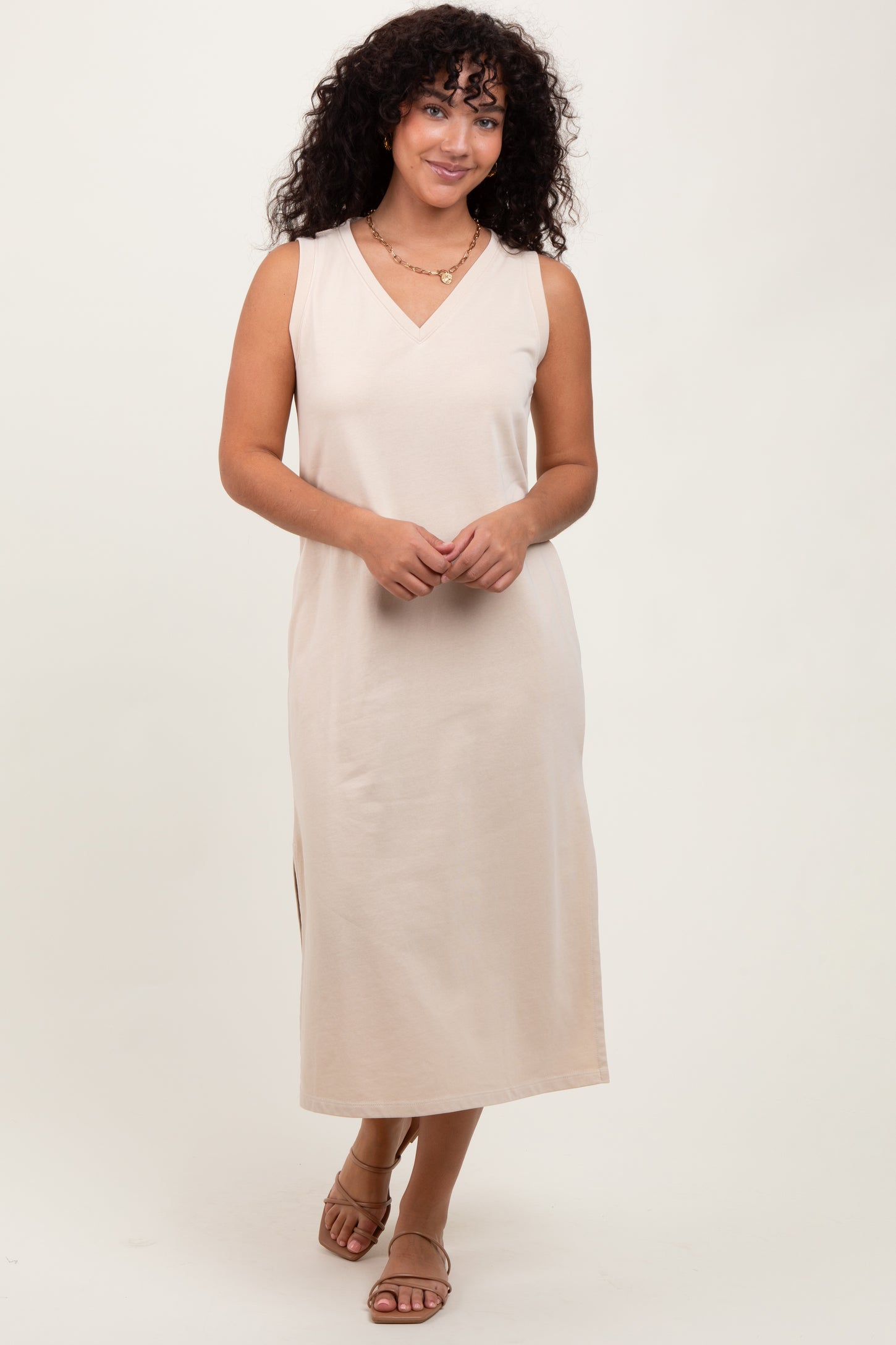 Cream V-Neck Sleeveless Side Slit Maternity Midi Dress