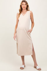 Cream V-Neck Sleeveless Side Slit Maternity Midi Dress