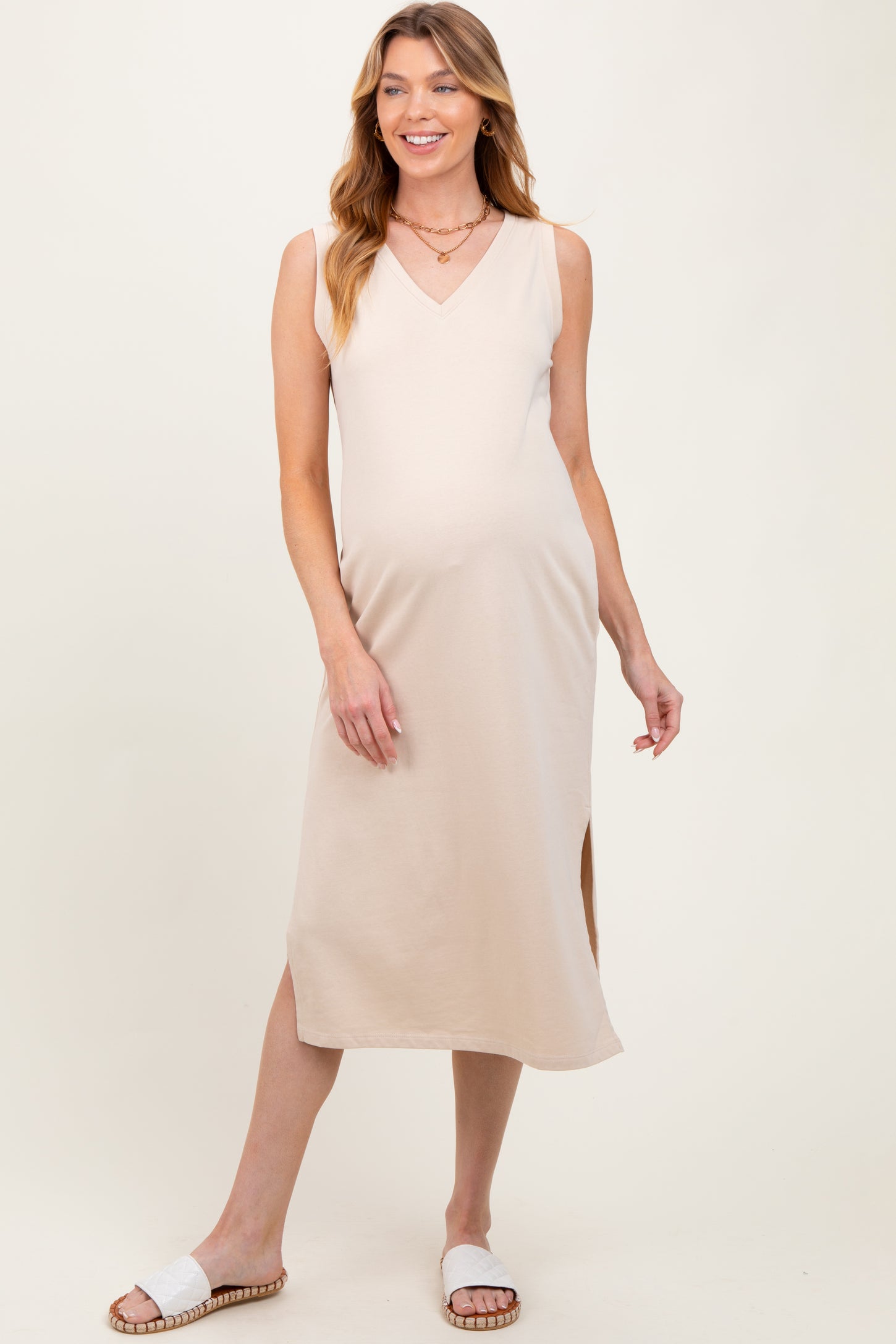 Cream V-Neck Sleeveless Side Slit Maternity Midi Dress