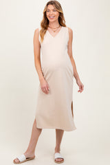 Cream V-Neck Sleeveless Side Slit Maternity Midi Dress