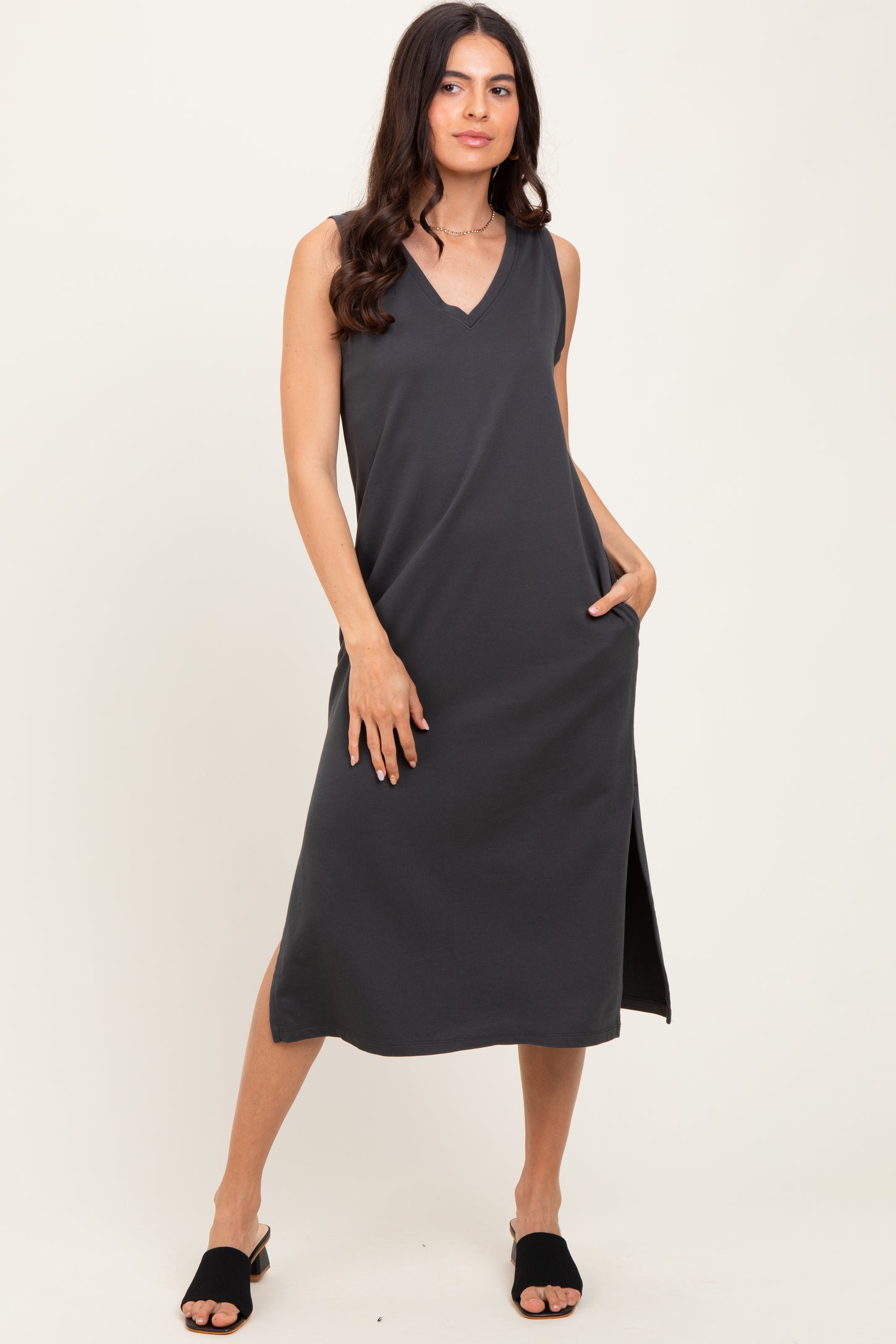 Charcoal V-Neck Sleeveless Side Slit Maternity Midi Dress