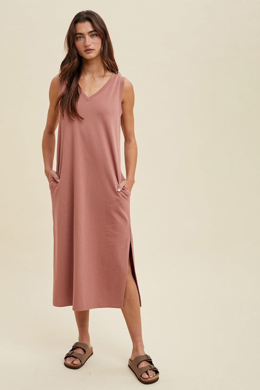 Rust V-Neck Sleeveless Side Slit Midi Dress