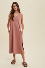Rust V-Neck Sleeveless Side Slit Midi Dress