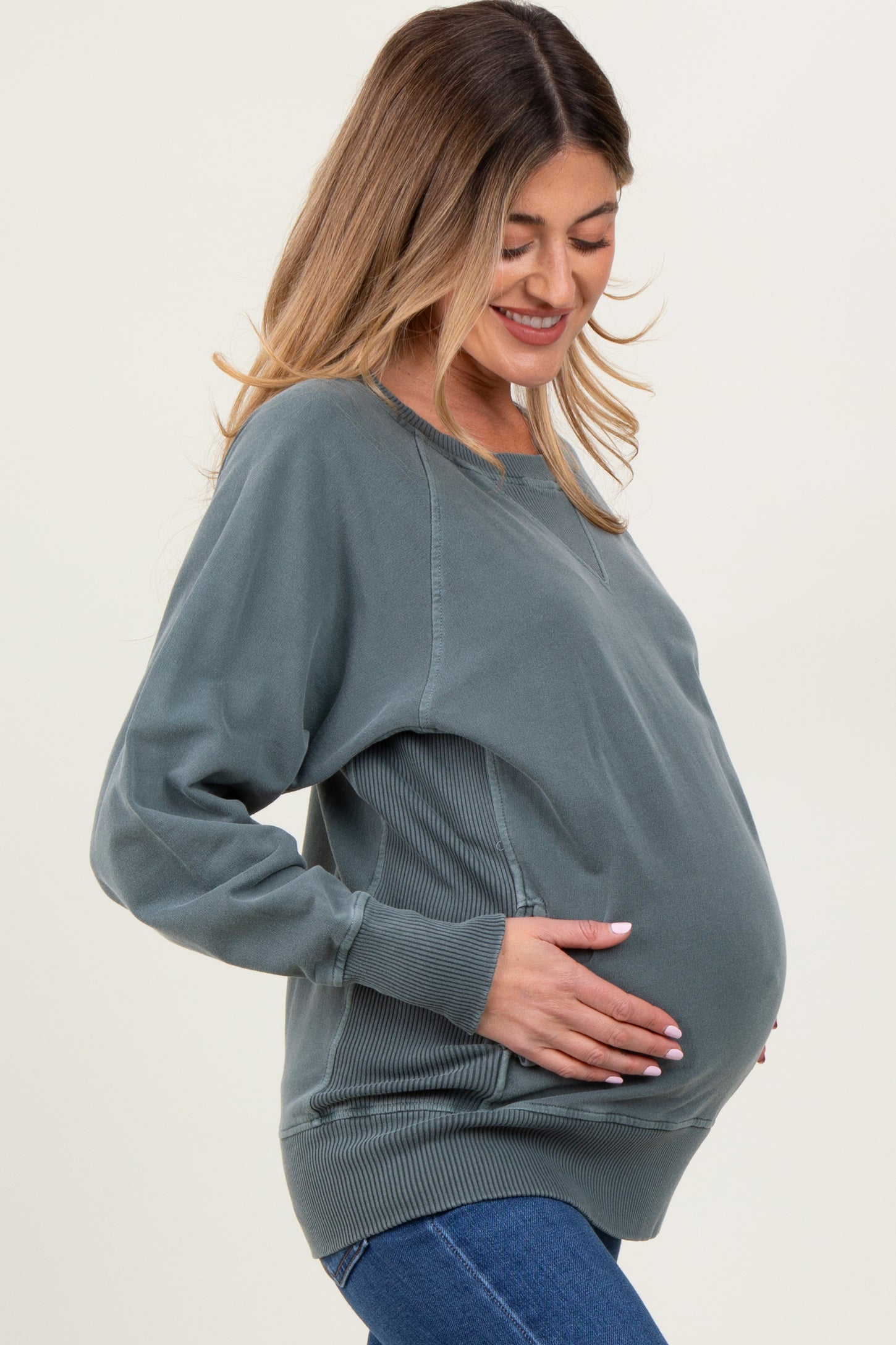 Light Olive Vintage Wash French Terry Maternity Pullover