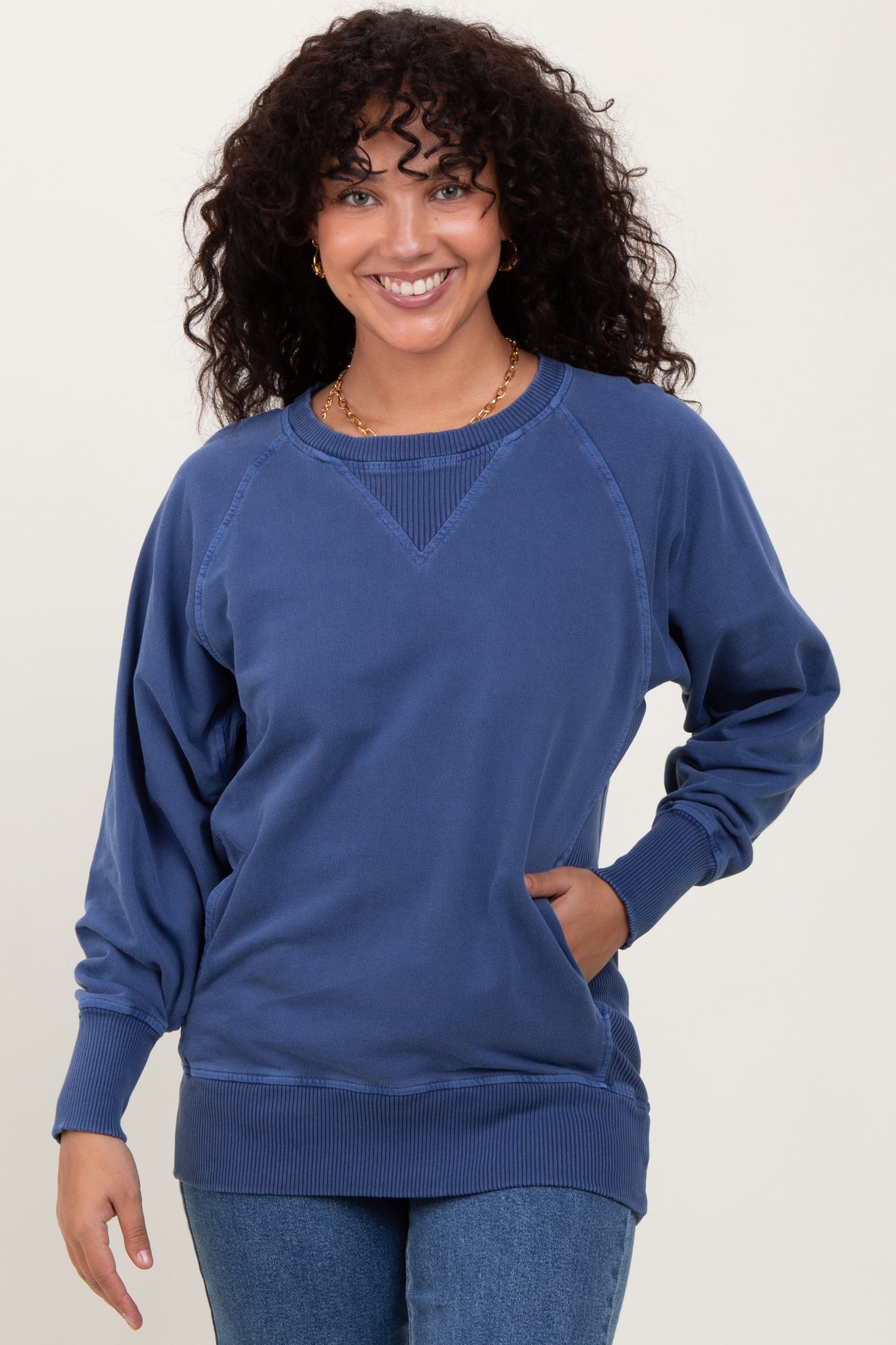 Navy Blue Vintage Wash French Terry Maternity Pullover