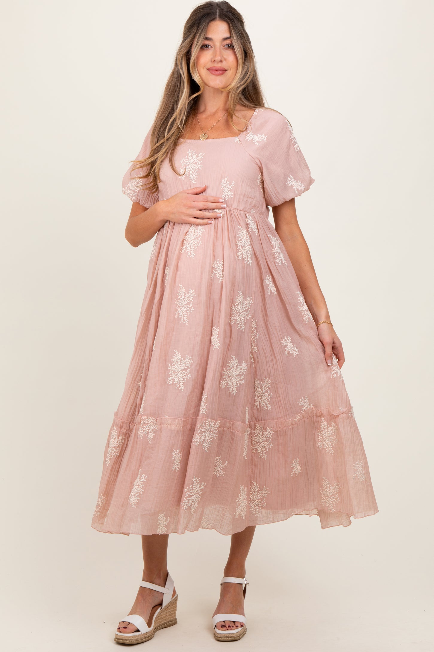 Salmon Floral Print Ruffle Hem Maternity Midi Dress