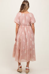 Salmon Floral Print Ruffle Hem Maternity Midi Dress