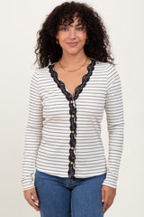 Ivory Striped Ribbed Long Sleeve Lace Detail Button Down Cardigan