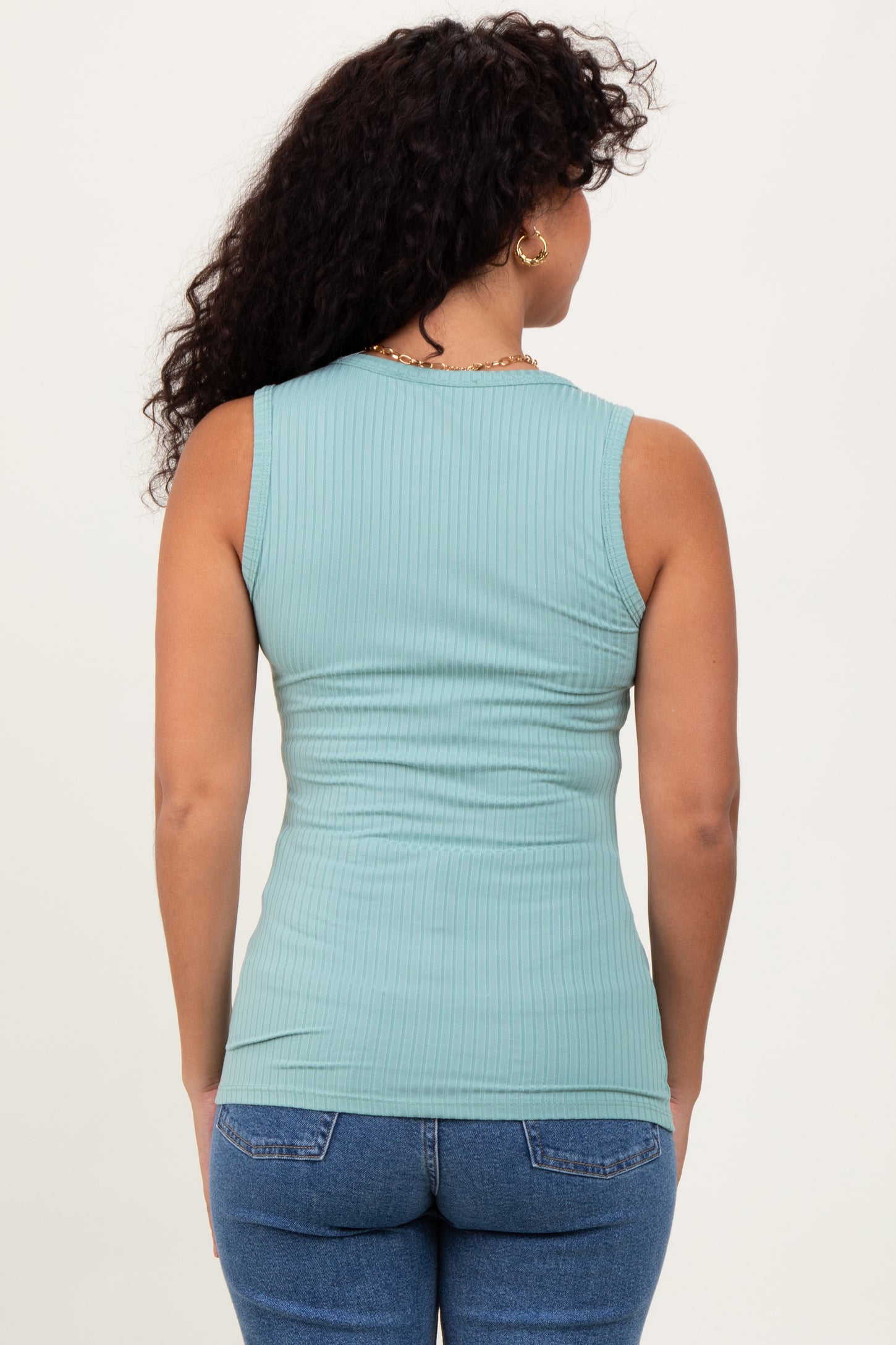 Sage Solid Ribbed V-Neck Tank Top