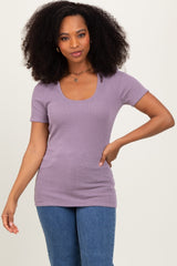 Mauve Solid Ribbed Short Sleeve Round Neck Basic Maternity Top