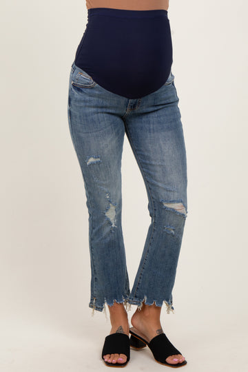 Dark Wash Distressed Cropped Maternity Jeans