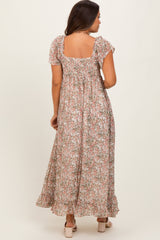 Cream Multi Flutter-Sleeved Smocked Floral Maternity Maxi Dress