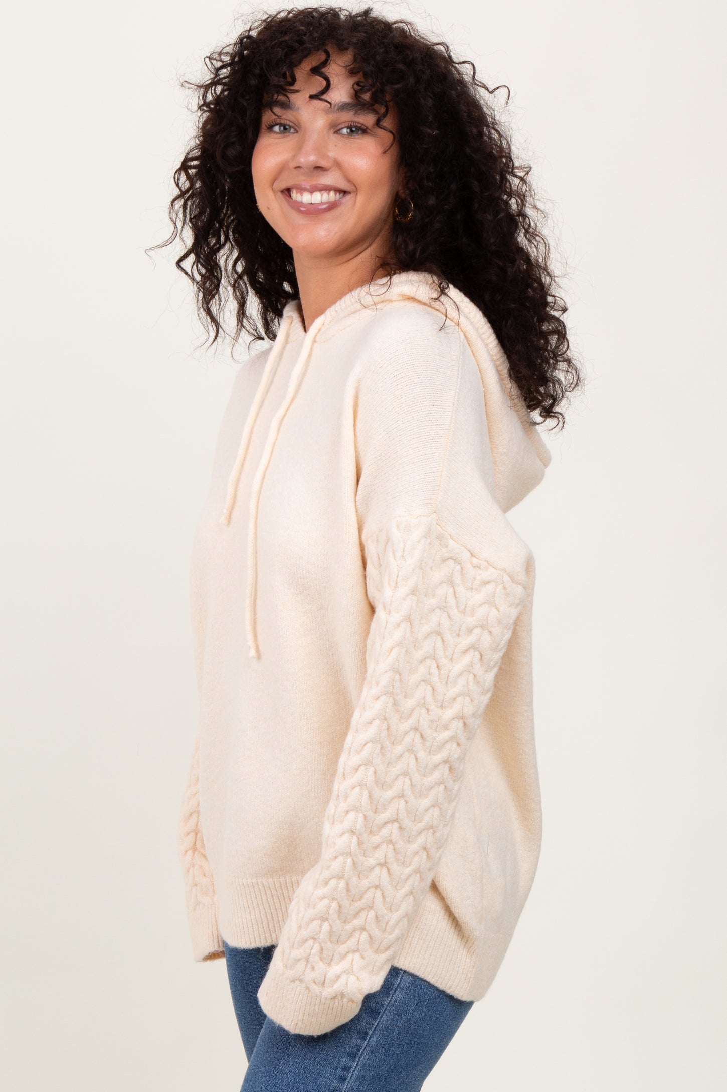 Cream Pullover Knit Hoodie