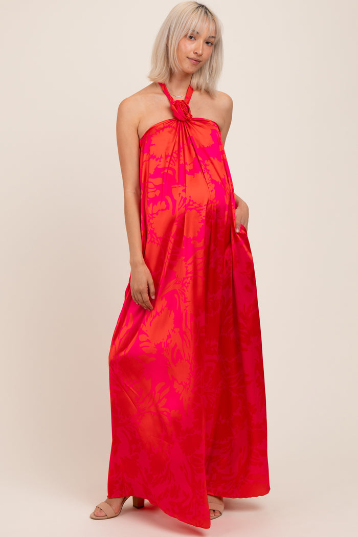 Fuchsia Multi Halter Flower Neck Accent Maternity Maxi Dress