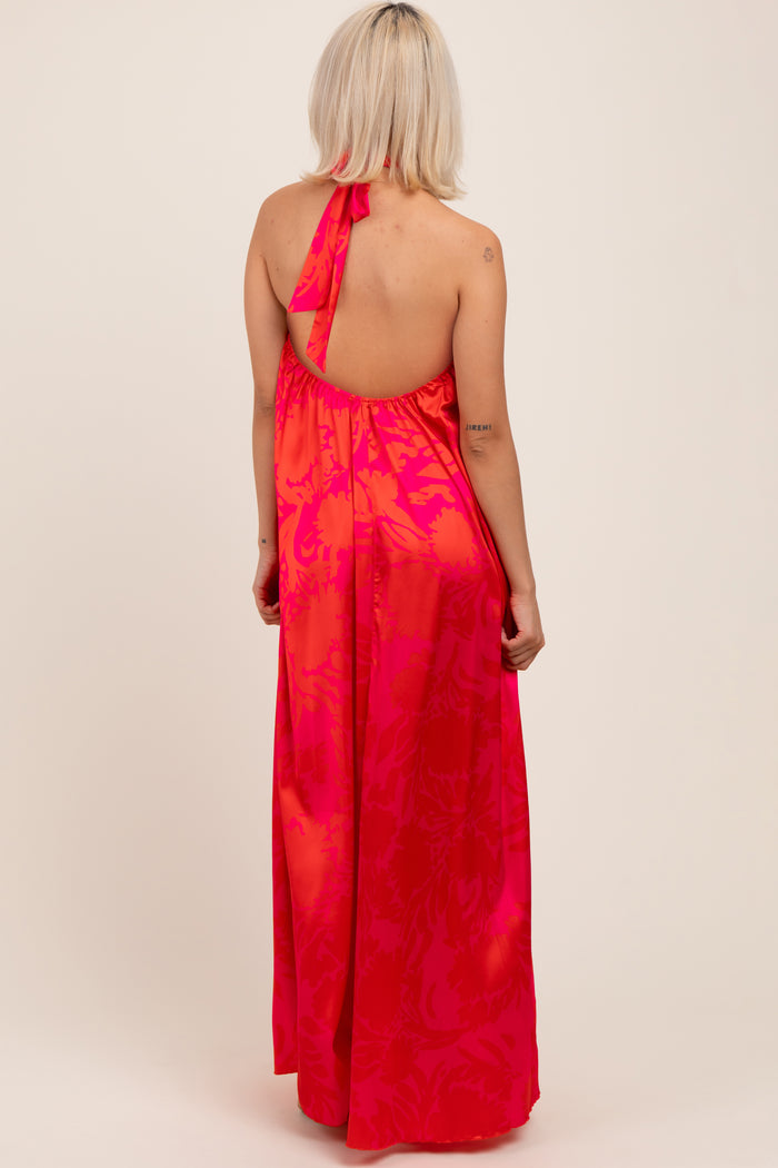 Fuchsia Multi Halter Flower Neck Accent Maternity Maxi Dress