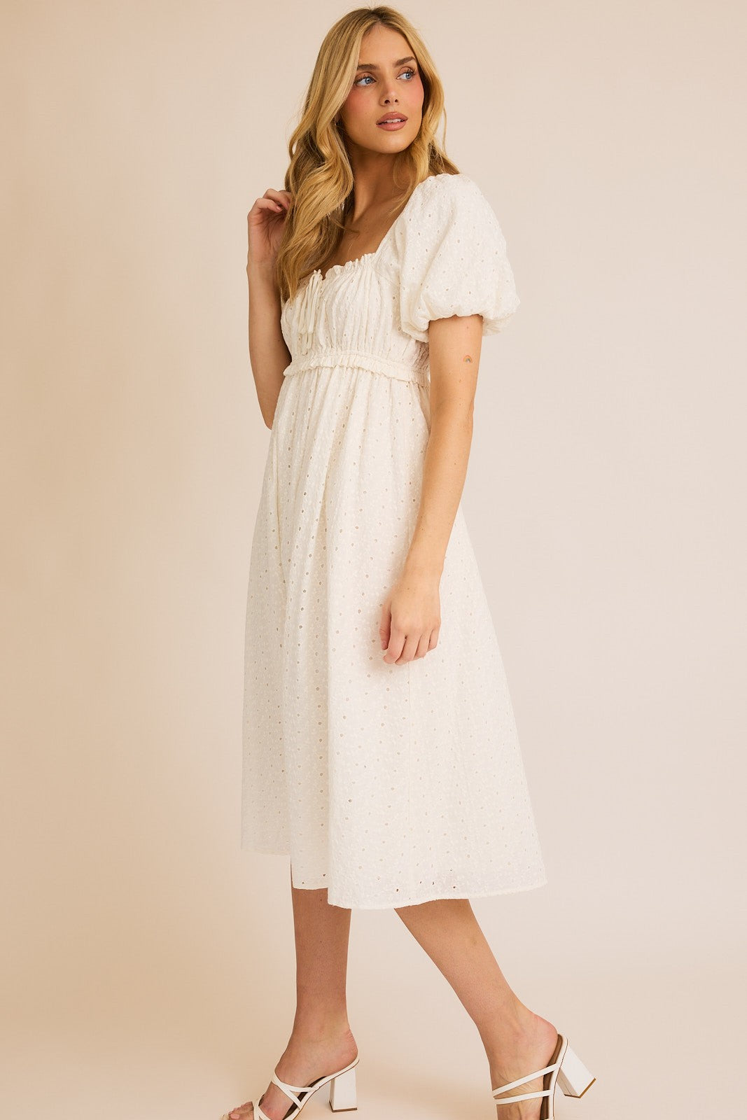 White Eyelet Lace Puff Sleeve Midi Dress