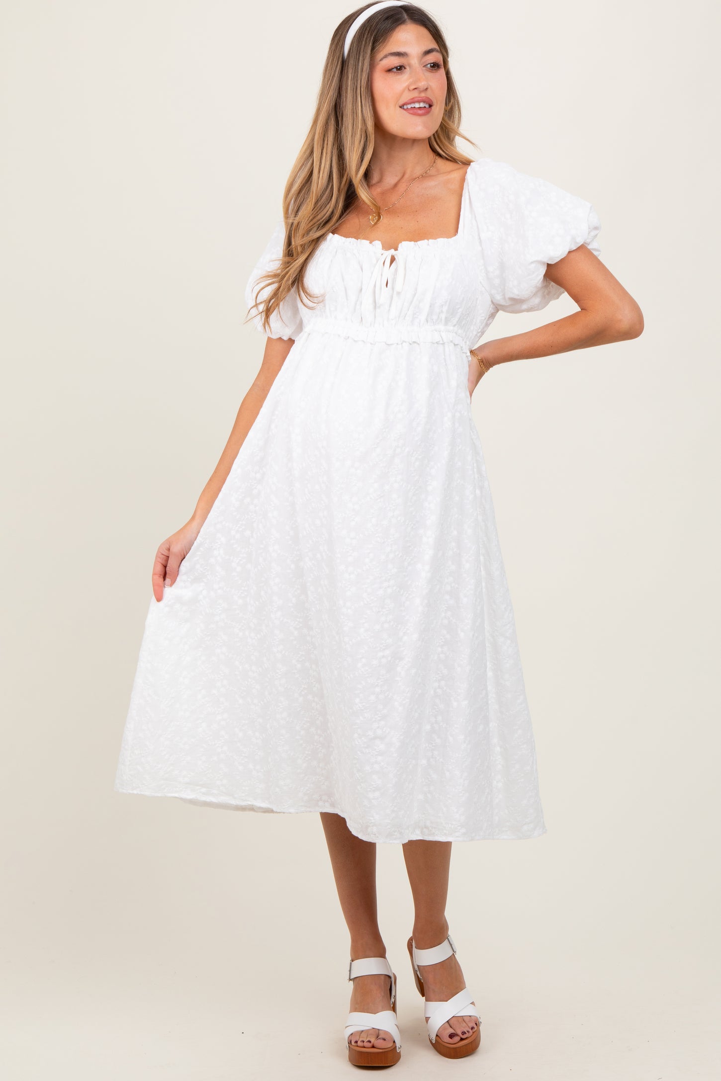 White Eyelet Lace Puff Sleeve Maternity Midi Dress
