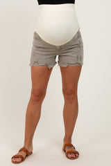 Light Olive Distressed Fringe Hem Maternity Jean Shorts