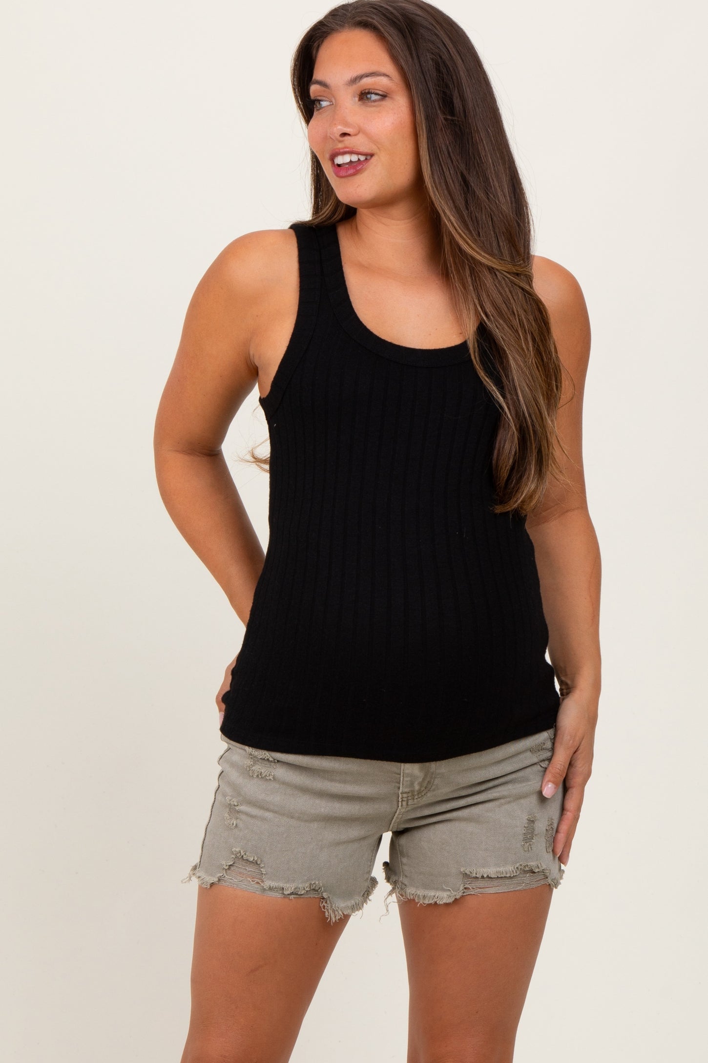 Light Olive Distressed Fringe Hem Maternity Jean Shorts