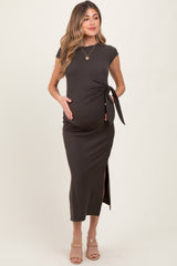 Brown Side Knot Tie Short Sleeve Maternity Midi Dress