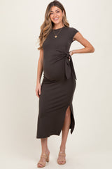 Brown Side Knot Tie Short Sleeve Maternity Midi Dress