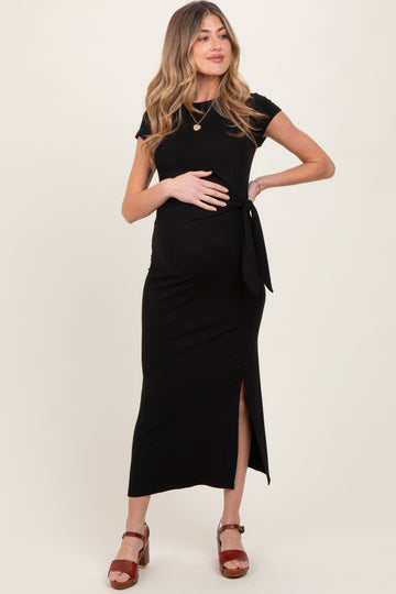 Black Side Knot Tie Short Sleeve Maternity Midi Dress