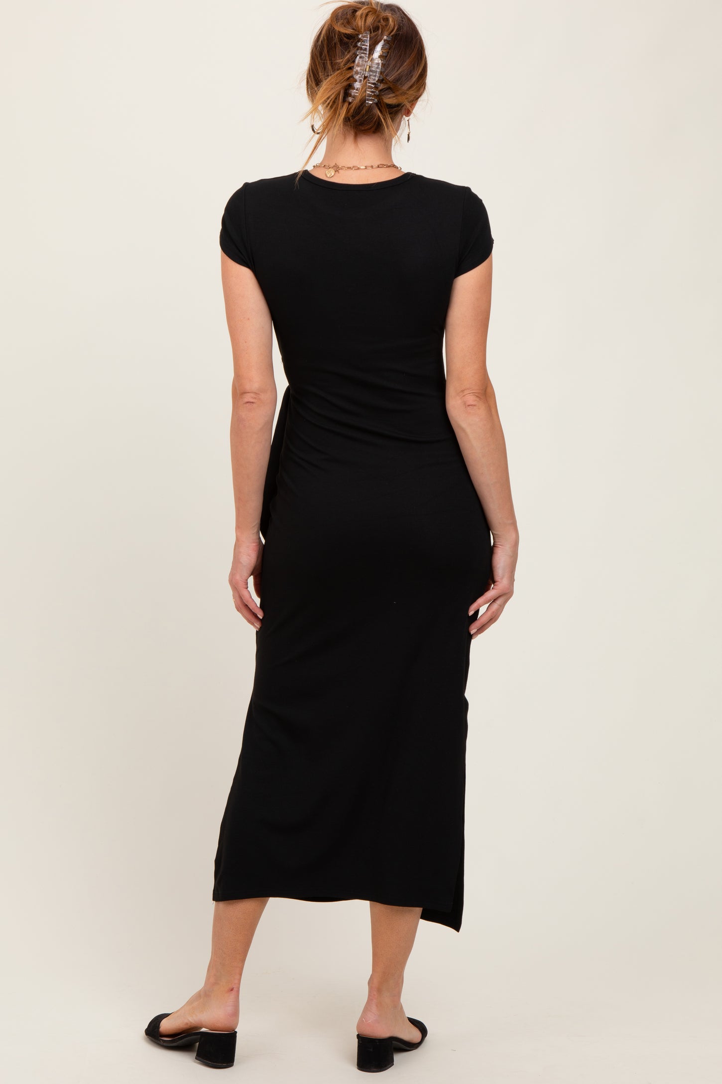 Black Side Knot Tie Short Sleeve Midi Dress