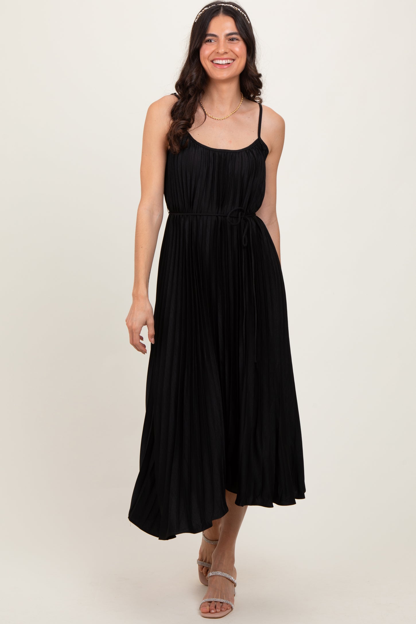 Black Pleated Sash Tie Midi Dress