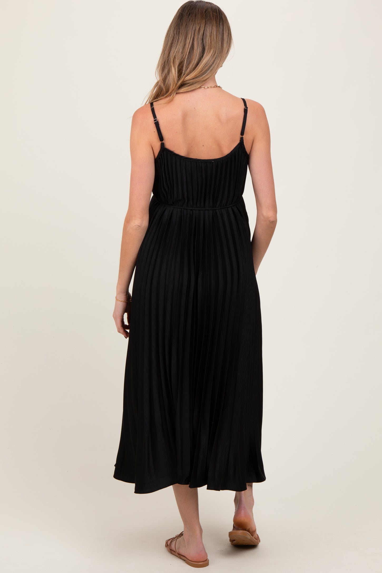 Black Pleated Sash Tie Maternity Midi Dress