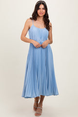 Light Blue Pleated Sash Tie Midi Dress
