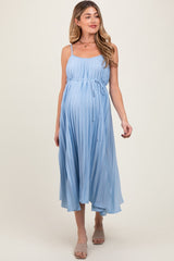 Light Blue Pleated Sash Tie Maternity Midi Dress