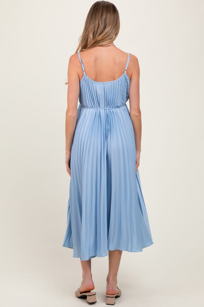 Light Blue Pleated Sash Tie Maternity Midi Dress