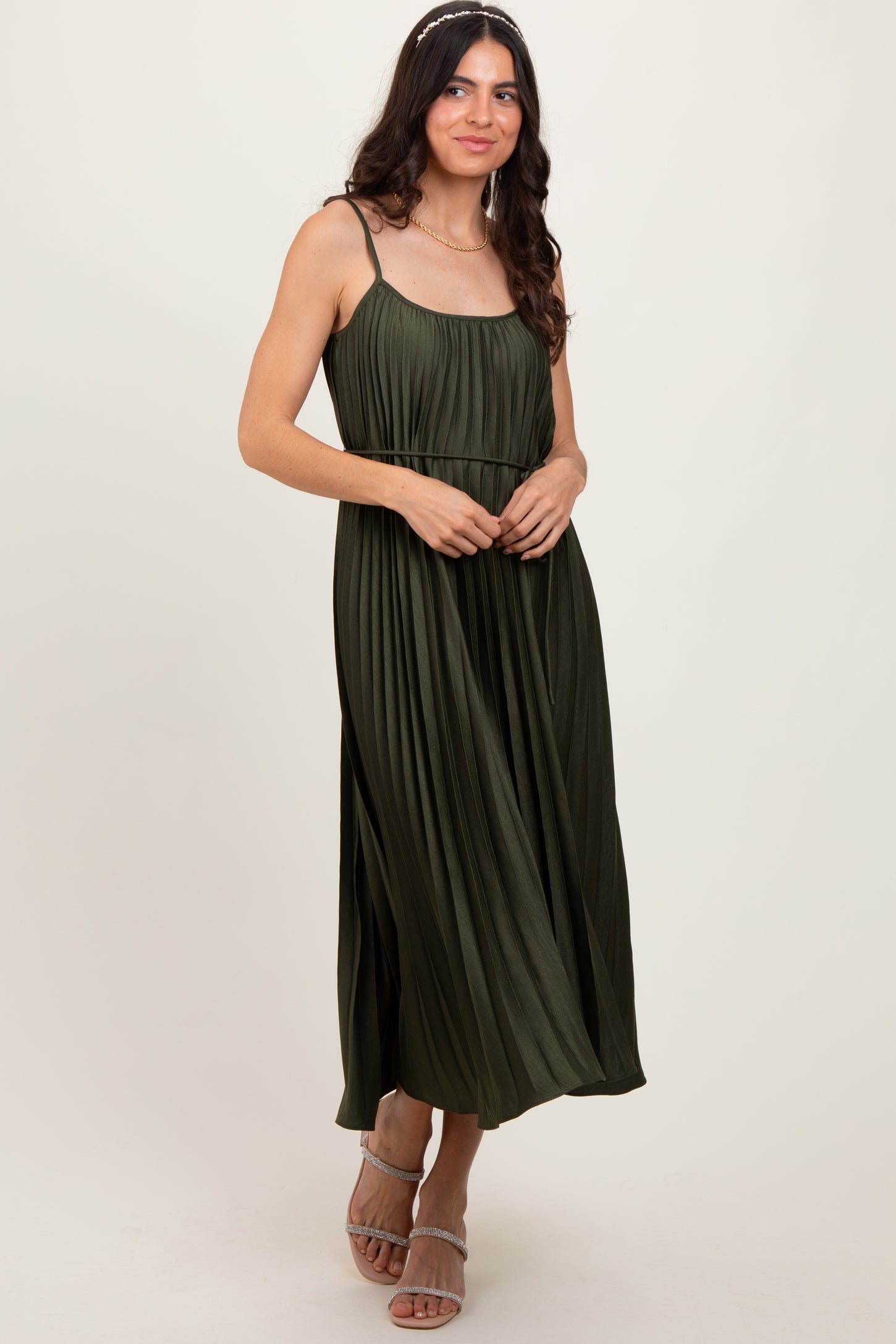 Olive Pleated Sash Tie Maternity Midi Dress