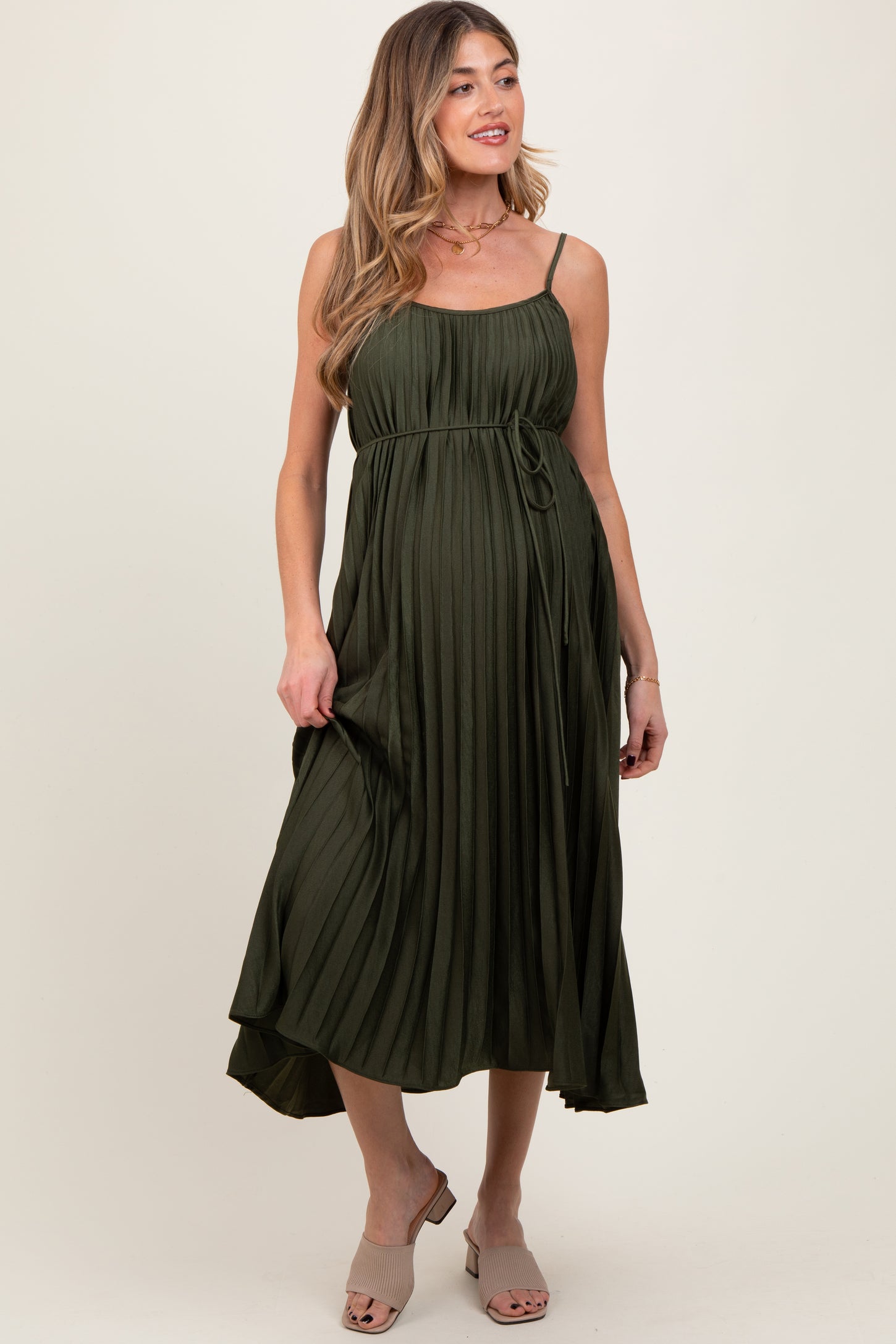 Olive Pleated Sash Tie Maternity Midi Dress