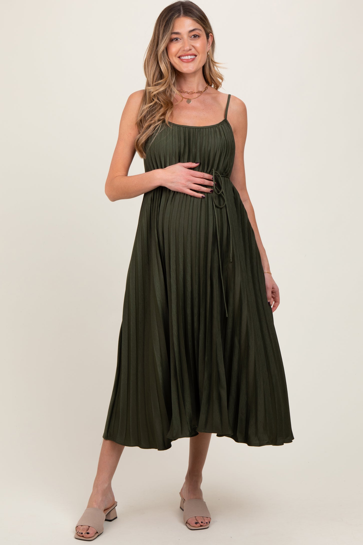 Olive Pleated Sash Tie Maternity Midi Dress
