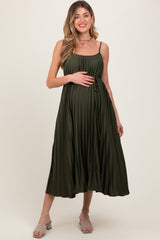 Olive Pleated Sash Tie Maternity Midi Dress