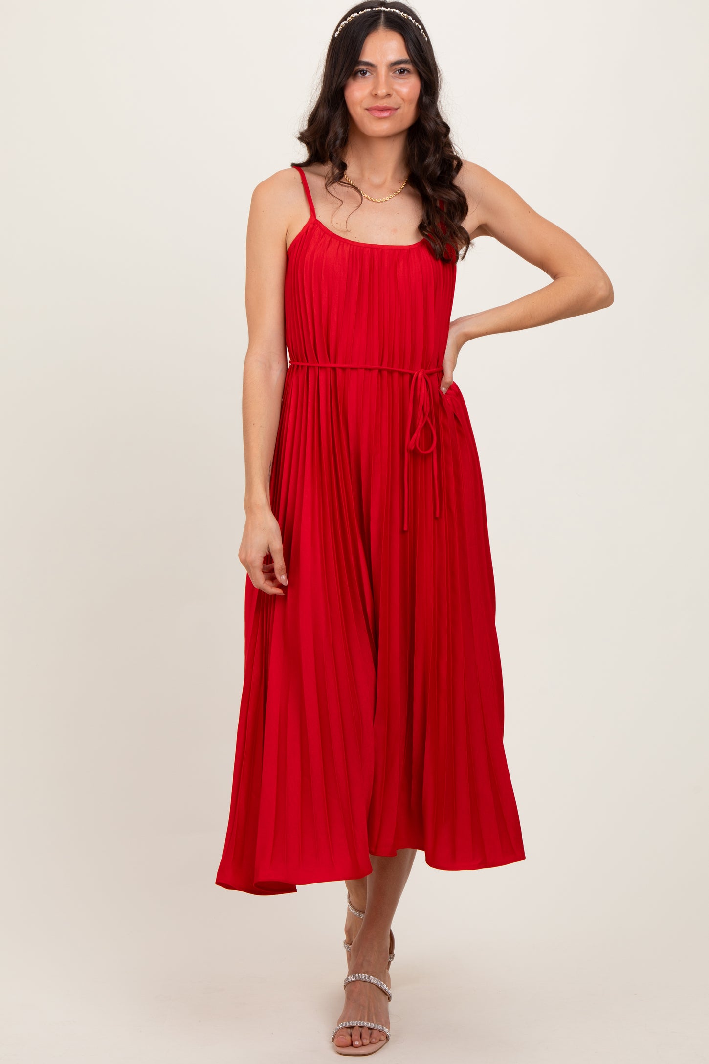 Red Pleated Sash Tie Midi Dress