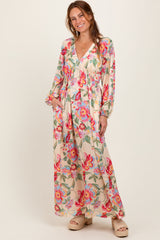 Beige Floral V-Neck Long Sleeve Maxi Dress