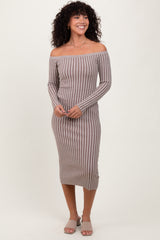 Taupe Striped Off Shoulder Midi Sweater Dress