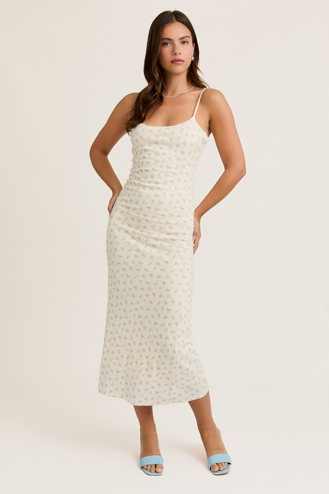 Ivory Floral Pointelle Knit Midi Dress