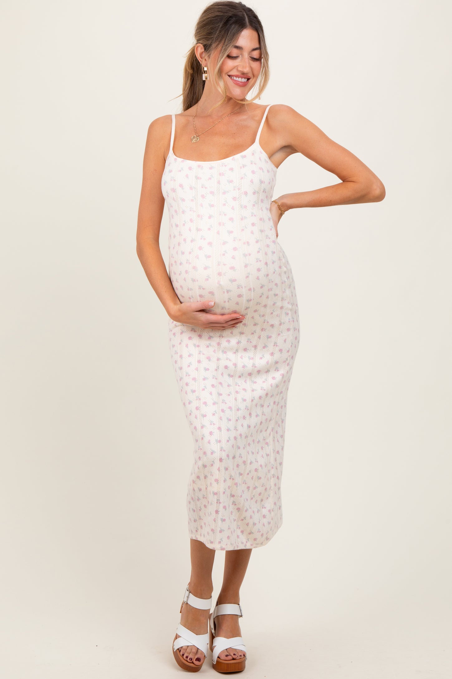 Ivory Floral Pointelle Knit Maternity Midi Dress